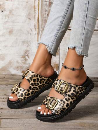 Women's Leopard Print Fashion Buckle Thick Bottom Sandals, Two-Strap Double Layer Thick Sole Slide Sandals