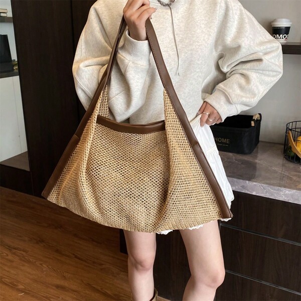 Bolsa de Tricô Estilosa e Casual, Nova Bolsa Grande Versátil e Simples de Grande Capacidade para Lazer, Praia, Férias