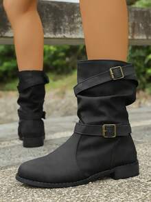 Plus Size Autumn/Winter New Retro Round Toe Chunky Heel Comfortable Mid-Calf Boots, Black (Run Small By 1 Size)
