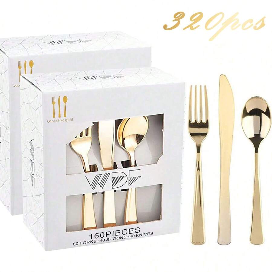 320 Piece Resuable Gold Plastic Silverware - Heavy Duty Gold Silverware Includes 160 Gold Forks, 80 Gold Spoons, 80 Gold Knives, Gold Plastic Utensils Perfect For Wedding, Party Or Daily Using , For Halloween Or Christmas Party - 金色 - 查看 1