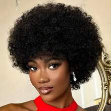 180% Density African Curly Wig - Short Bob Cut With Bangs, 1B# Natural Black Color For Everyday Wear, Protective Hairstyle, Voluminous Curls, Cap, For Busy Professionals, Quick Hairstyle Change
