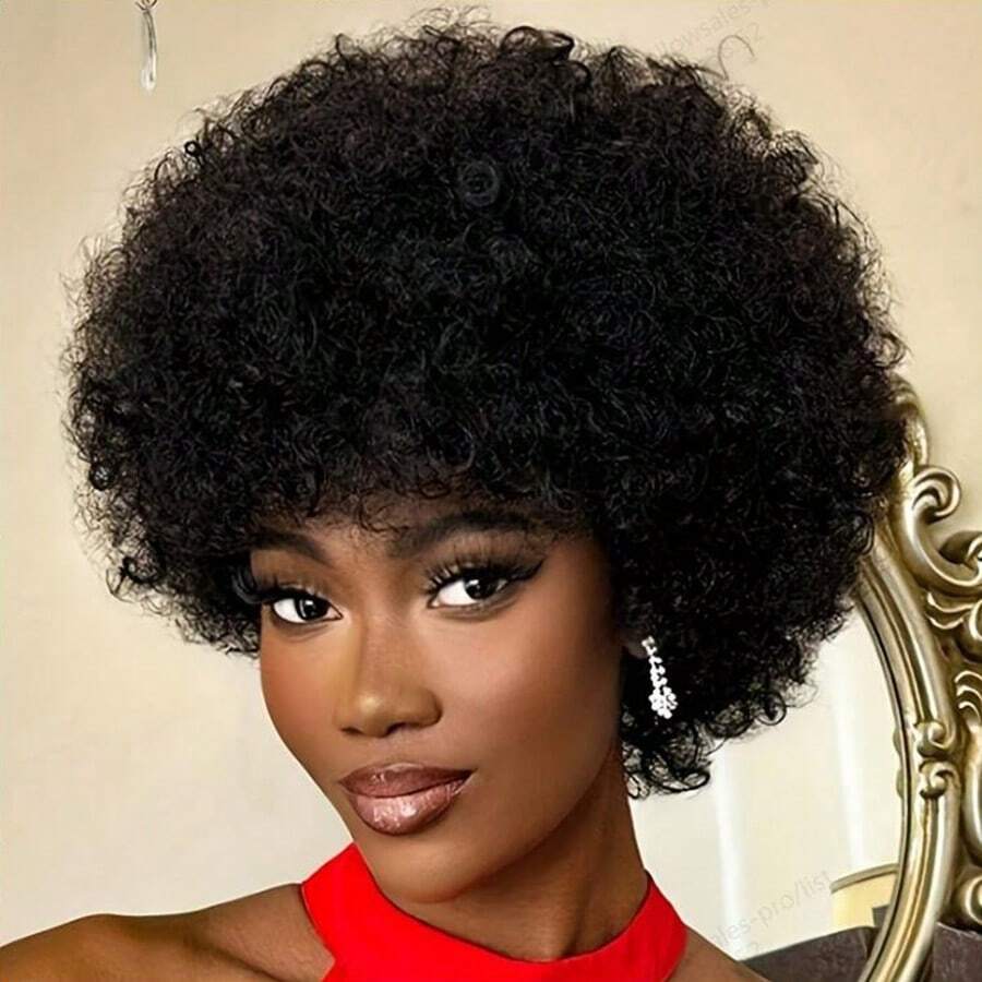 180% Density African Curly Wig - Short Bob Cut With Bangs, 1B# Natural Black Color For Everyday Wear, Protective Hairstyle, Voluminous Curls, Cap, For Busy Professionals, Quick Hairstyle Change