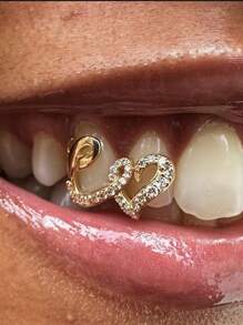 1 Peça de Decoração Dental Hip-Hop com Zircônia e Coração Duplo de Cobre, um acessório requintado e romântico para dente em formato de coração, adequado tanto para homens quanto para mulheres, para uso diário, feriados, reuniões, festas e pode ser combinado com outros looks. Também pode ser presenteado a amigos e vem com cola hot melt.