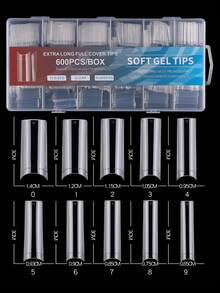 600pcs Extra Large No C-Curve Nail Tips, Transparent Rectangular Straight Fake Nails, 10 Sizes, Half-Cover Artificial Nails, Suitable For Nail Salon Professionals And Home DIY - Clear - View 2