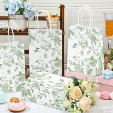 5 pezzi/10 pezzi/20 pezzi Sacchetti regalo di carta riutilizzabili con motivo floreale e manici, colore verde e bianco, adatti per matrimoni, compleanni, feste