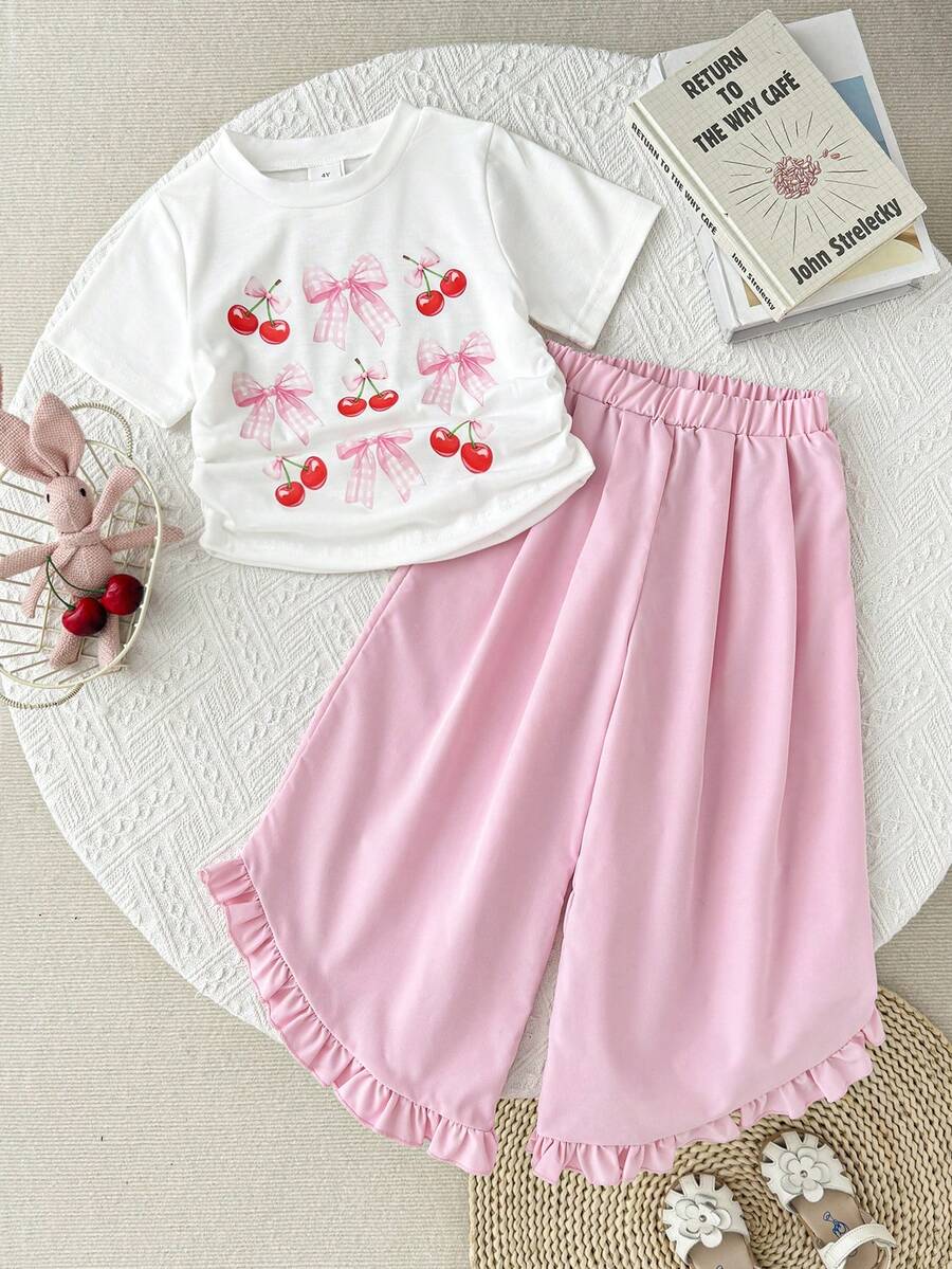 Set de 2 piezas para niñas jóvenes: Camiseta con estampado de mariposa y cereza, combinada con pantalones de unicolor con volante en el bajo asimétrico - Multicolor - Ver 1