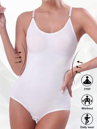 1 PACK Women Solid Shapewear Tank Bodysuit Simple Seamless Round Neck Button Camisole Plus Size Women Thong Waist & Tummy Control Bodysuits For Women Gym Accessories Belly Slimming Girdles, Lumbar Girdles Belly Slimming Corset