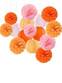 15 buc. hârtie decorativă pentru petrecere la modă roz-portocaliu - felinare cu flori, serpentine din hârtie absorbantă cu pom-pom, potrivite pentru nunți de toamnă, petreceri burlăcițe, aniversări boeme, decor agățat pentru petreceri la apus