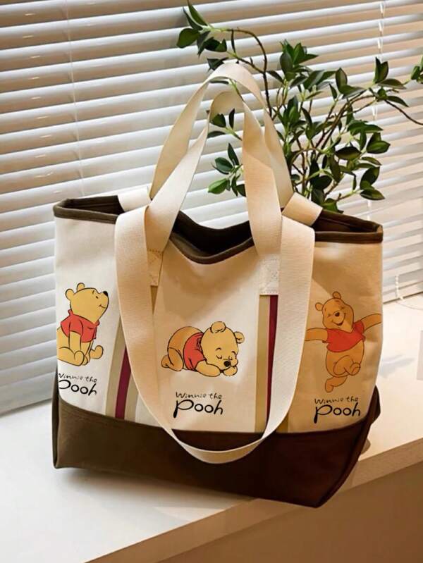 Sanrio Disney Retro Cartoon Winnie Bear Canvas Bag , Commuting Tote Bag, Versatile Large Capacity Shoulder Tote Bag, Sweet And Cute Design, Birthday Gift, Party Gift, Halloween Gift, Easter Gift, Christmas Gift, Bathing, Washing, Going Out Playing And Shopping, Fashionable, Casual And Versatile
