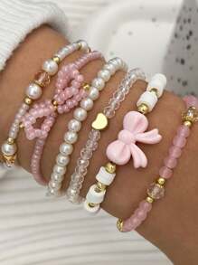 Conjunto de pulseiras de contas de vidro da série rosa, 6 peças, pérolas falsas, argila macia, feitas à mão, com posicionamento e empilhamento, laço fofo, sexy e versátil para férias Y2K