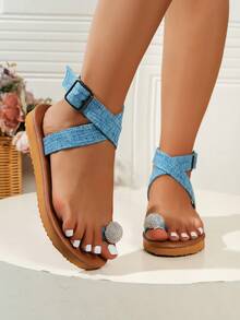 Fashionable Rhinestone Embellished Sandals For Young Girl, Closed-Toe Flat Shoes With Crossed Strap Design, Fine Fiber Upper And Lining, Charming & Stylish - Peacock Blue - View 1