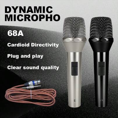 Micrófono profesional mate plateado/negro 68A dinámico con cable para karaoke, videoke, grabación vocal BBOX y actuaciones en el escenario