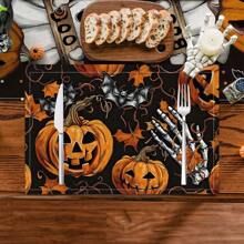 1/4/6 件万圣节系列、南瓜、骷髅手、蝙蝠印花装饰餐垫，适用于派对、厨房、餐桌装饰、桌垫/咖啡杯杯垫，100% 亚麻印花，可手洗 - 非常适合餐桌、餐厅、生日和派对装饰、家居装饰 - ZYMCD-287 - 查看 3