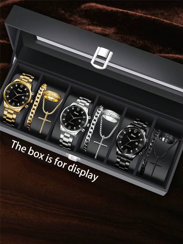 4pcs/Set Men Classic Low-Key Luxury Versatile Elegant Watches, Cross Pendant Necklace Bracelet Ring Combination Set, 3 Colors Available, Suitable For Daily Decoration And Wear, Ideal Gift For Father's Day/Holiday Birthday/Boyfriend/Father