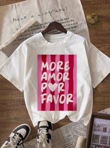 More Amor Por Favor Retro Letter Print Summer Vacation Casual Round Neck Short Sleeve T-Shirt For Women
