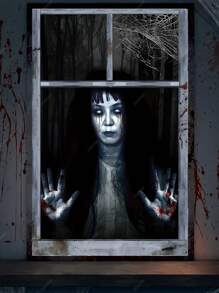 万圣节恐怖窗户横幅 - 血腥鬼魂压制玻璃，幽灵鬼屋装饰室内/室外耐用涤纶面料，多种尺寸 - 黑色 - 查看 1