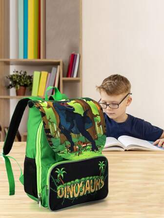 GUSTELL 1pc Unisex Kid's Cartoon Dinosaur Print Backpack, Suitable For Kindergarten And Primary School, 37cm, Flap Top Design With Padded Back And Adjustable Shoulder Straps, Lightweight Children Travel Bag, Green, Travel Suitable For School/Picnic (Jurassic Elements)