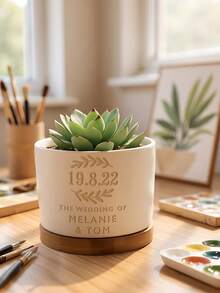 Customized Text Ceramic Flower Pot, Personalized Bridesmaid Gift, Succulent Planter With Bamboo Tray, Engraved Flower Pot, Wedding Party Favor, Bridal Shower Proposal Gift Box, Newlywed Memorabilia, Cute Small Plant Pot, Suitable For Office Desk, Workplace Or Home Decor - Multicolor - View 2