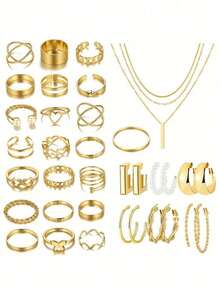 24-92 Pieces Retro Fashion Simple Ladies Jewelry Sets Set Inlaid With Faux Pearls Rhinestones Zirconia Geometric Heart Butterfly Star Moon Infinity Symbol Earrings Earring Studs Necklace Bracelet Ankle Bracelet Rings Suitable For Seaside Beach Vacation Dating Party Banquet Perfect Gift - 37pcs - 查看 2