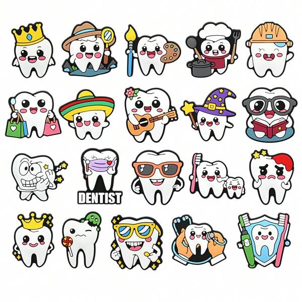 20PCS/SET Multi-Element Teeth PVC Shoe Charms, Tooth Wearing A Yellow Crown Purple Wizard Hat Healthy Oral Care Dentist Cartoon Pattern Shoe Decorations Accessories For Holiday Gifts