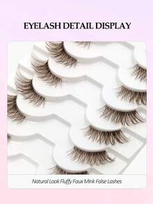 Asiteo 10 Pairs Brown Half-Strip Eyelashes, Fluffy & Soft, Delicate & Wispy, 3D Faux Mink Lashes, Cat Eye Style, Naturally Elongates Outer Corners, Transparent Lash Band, Suitable For Daily Makeup, Reusable. - 眼尾拉長款 - 查看 4