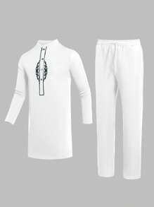 2025 New 2pcs/Set Men's White Dashiki With Black Embroidery, Casual & Simple, Long Sleeve Shirt, Round Neck, Pocket, Elastic Waist Pants, Side Slit Hem, African Clothing, Men's Casual Shirt & Pants Set, 1 Suit, Street Retro Style, Party, Date, Wedding, Cultural Event, Traditional Ceremonial - White - View 4