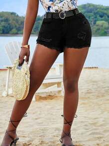 Pantalones cortos vaqueros casuales para mujeres con volantes desgastados y pantalones cortos de verano desgastados