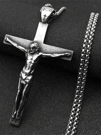 Stainless Steel Christian Jesus Cross Crucifix Pendants Necklaces For Men Women Silver Color Chain Necklaces Jewelry Gift