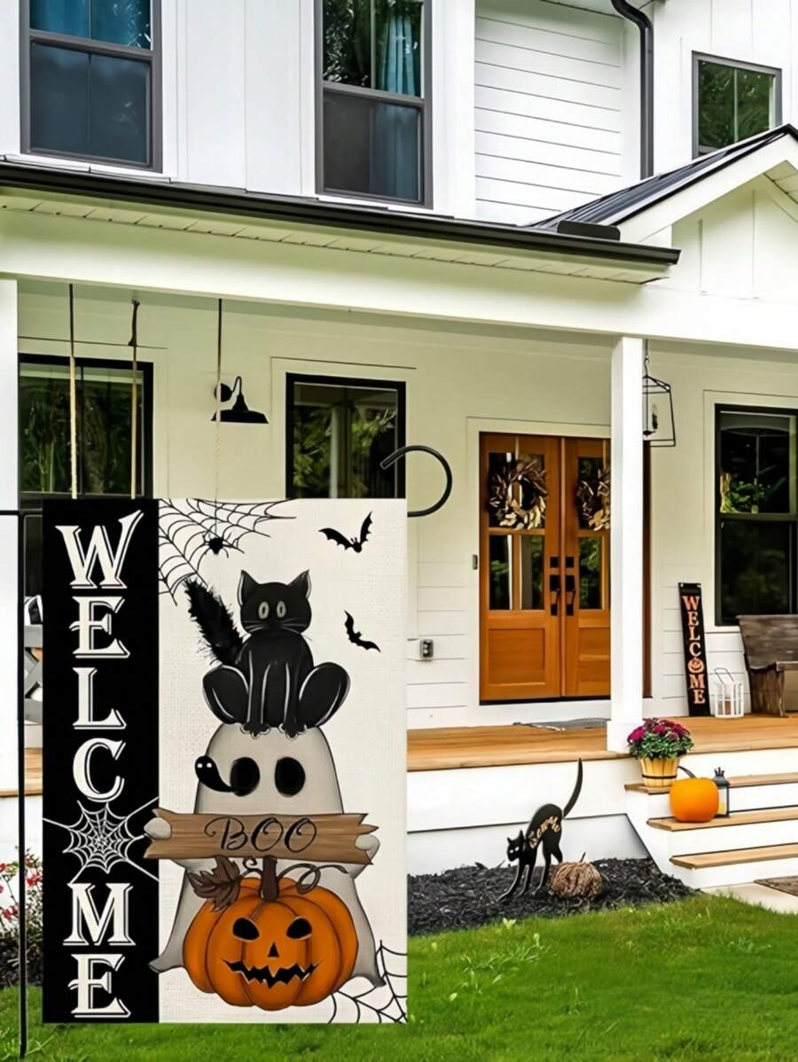 Welcome Halloween Garden Flag (30cm X 45cm/12 Inches X 18 Inches) Double Sided Burlap Bag Black Cat Ghost Cloth Pumpkin Bat Spider Web Courtyard Flag Suitable For Outdoor Terrace Holiday Outdoor Halloween Decoration