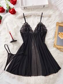 2-Piece Women's Black,Bow Decoration,Split,Sheer&Backless,Lace Patchwork Mesh,Mature Charm,Summer Babydoll,Sexy Lingerie Dress Sexy Lingerie Set For Going Out