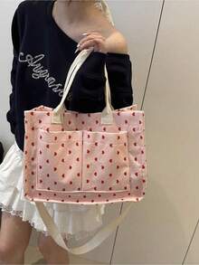 Sac en toile imprimé fraise, style décontracté et à la mode, léger, avec plusieurs poches, grande capacité et bandoulière réglable. Convient aux filles, aux femmes, au shopping, au travail, à l'hôpital, aux sorties et aux centres commerciaux. Grand sac d'école à compartiments multiples, idéal pour la plage, l'école, le travail et le quotidien. - Rose bonbon - Voir 3