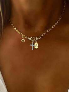 STYLEVER 1pc Gold Double-Buckle A-Z Letter Necklace, 26 Letters, Rhinestone Cross Pendant, Stainless Steel Chain, Minimalist Casual, Suitable For Daily Wear - Golden - View 13