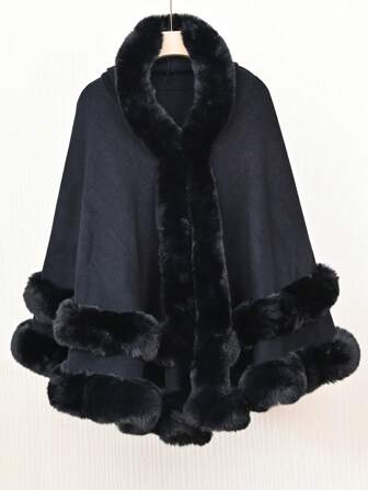 1pc Solid Color Double Layered Faux Fur Trim Hooded Poncho Cape, Casual Elegant Style For Party, Autumn/Winter