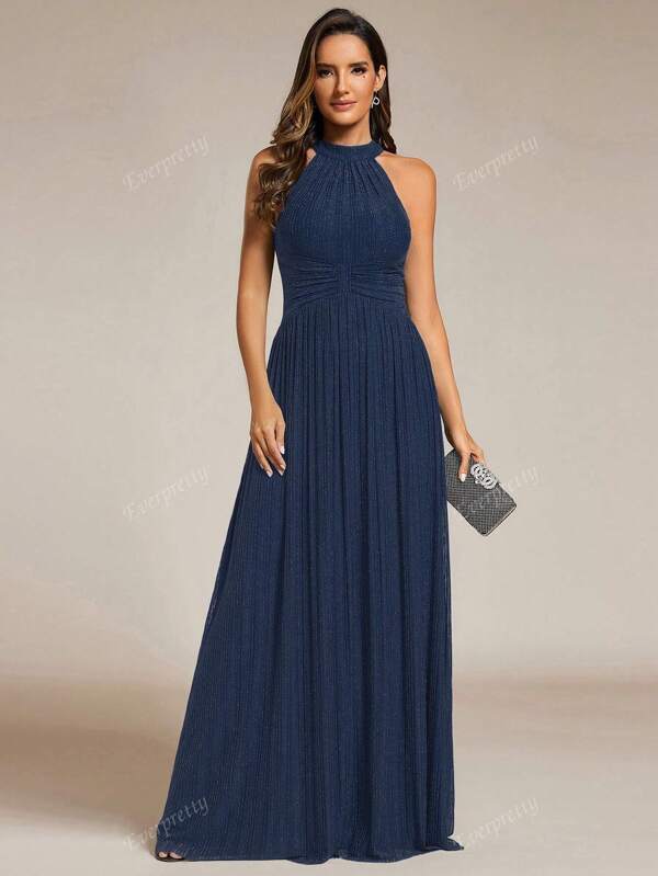 Glittery Ruched Waist Ruched Halter Neck Party Dress Navy Blue Elegant Formal Prom Wedding Guest Gown, For Graduation, Dinner