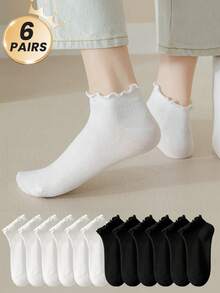 2/6/12 Pairs For Women, Black And White Ruffled Ear Edge Vertical Stripes, Breathable And Refreshing, Ins Style, College Style Ankle Socks, Home, Commuting, Party All-Match, Valentine's Day Gift - Multicolor - View 1