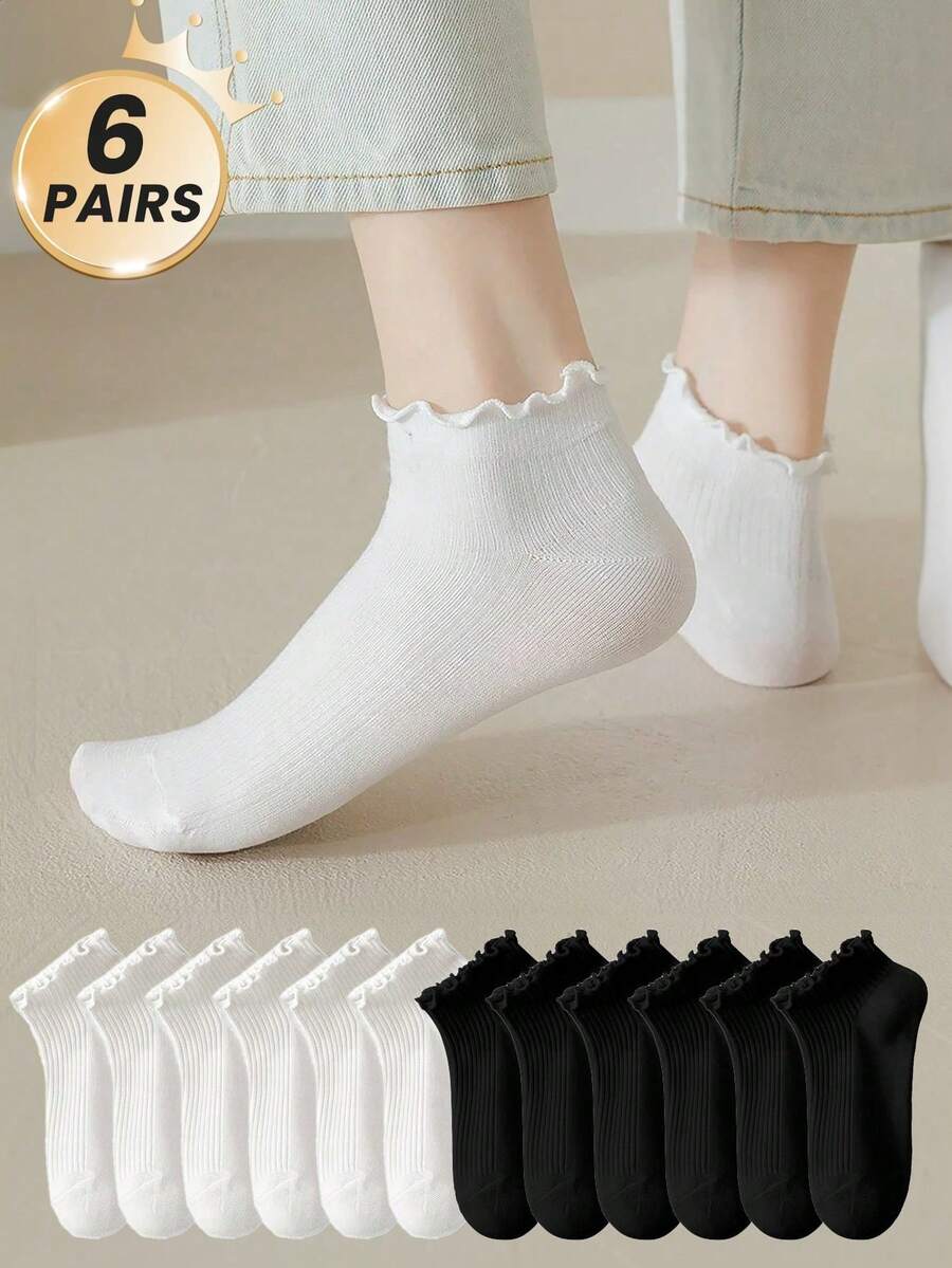 2/6/12 Pairs For Women, Black And White Ruffled Ear Edge Vertical Stripes, Breathable And Refreshing, Ins Style, College Style Ankle Socks, Home, Commuting, Party All-Match, Valentine's Day Gift - Multicolor - View 1