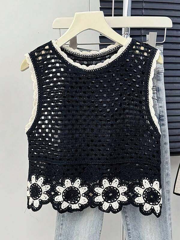 Moda feminina preto e branco retro praia oco casual férias jacquard malha regata