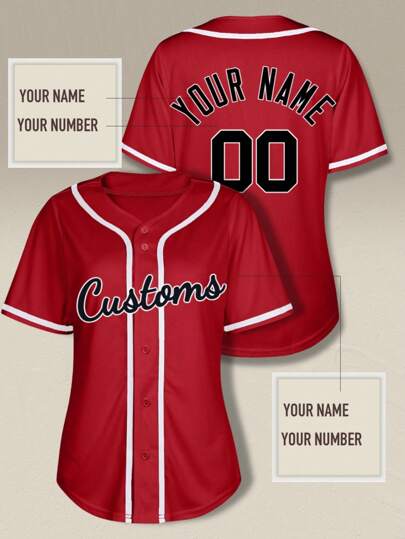 Customizable Women's Baseball Jersey - Red V-Neck Printed Team Sports Top With Personalized Name & Number, Machine Washable, Sizes S-2XL For Outdoor Leisure & Athletic Wear, Durable Sportswear