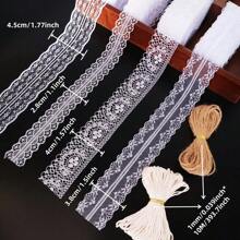 Boho Spitzen Trimm Set: 4 Stile je 10M - Zacken/Diamant Strukturen + praktisches Baumwoll/Juteband für Braut Bastelset, Geschenkverpackung, Collage Deko, Makramee Wandbehänge