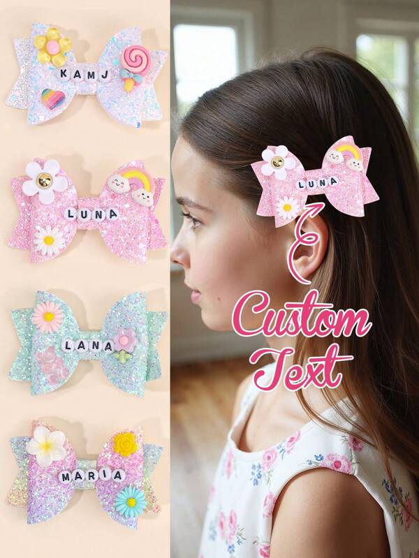 1 Stück individuelle Buchstaben-Name Glitzer Haarschleife mit Alligatorclips für Mädchen, exquisite Pailletten-Glitzer-Haarspangen, Blumen-Haarclips für Teenager und Kinder, Dekorative Haarzubehör für Urlaub, Party und Alltag, Geschenke