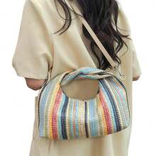 Striped Shoulder Bag For Women Fashionable Adjustable Woven Handbag With Zipper For Work, Travel - Blue - View 4