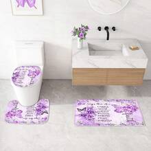4 Pcs Yellow Inspirational Quotes Shower Curtain Set With Rugs And Toilet Lid Cover, Colorful Boho Waterproof Fabric Bathroom Set, Bible Verse Floral Bathroom Decor Set Accessories - 紫色 - 查看 7