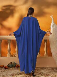 AmazingHoney Elegant Dark Blue Loose-Fit Kaftan Dress With Gold Sequin Embellishments, Party Abaya, Formal Muslim Dress, Evening Gown,Abaya Dress (Loose Fit– Please Check Size Chart), Modest - Royal Blue - View 3