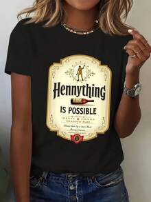 Hennything Is Possible Funny Novelty T Shirt Gift For Men Women Alcohol Drinkers1 100% Cotton Crew Neck T-Shirt, Soft Breathable Basic Tee, Solid Color Casual Top -100% Cotton Graphic T-Shirt, Black White Vintage Print Oversized Tee, Casual Street Style-365T - Black - View 1