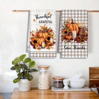 1/1/2 confezioni di asciugamani da cucina con motivi di zucca e foglia d'acero, ad asciugatura rapida, in fibra di poliestere super assorbente, adatti per la decorazione del Ringraziamento, design a griglia con girasole, lavabili in lavatrice, dimensione: 40x60 cm, possono essere regalati come asciugamani da cucina a motivo di zucca.