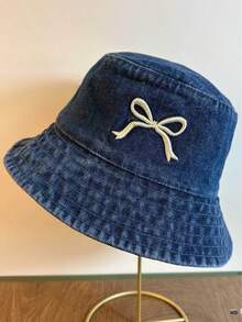 1 件女士新款蝴蝶结刺绣渔夫帽韩版时尚遮阳休闲街头牛仔渔夫帽 - 彩色 - 查看 9
