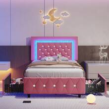 Twin/ Full/ Queen/ King Size Bed Frame With Storage Drawers, Upholstered LED Bed Frame With Headboard, Modern Platform Bed Frame With Headboard And Footboard, Diamond Tufted Design, No Box Spring Needed, Twin/ Full/ Queen/ King, Pink/ Black/ White/ Purple/ Yellow (Twin Size 2 Drawers/ Other Size 4 Drawers) - Hồng - Xem 6