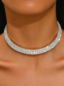 1pc Luxury Party Open Choker Necklace With Double Row Rhinestone & Zirconia Decor