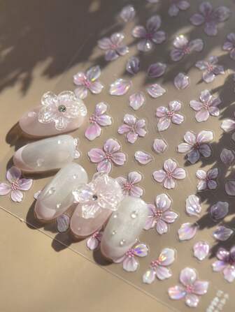 Flower Ice Flower Nail Stickers, Flower Nail Stickers, Jelly Five-Petal Flower Nail Stickers, White And Pink Flower Stickers, Flower Stickers, Nail Stickers And Decal Decorations, Self-Adhesive Stickers, Adhesive DIY Nail Art Stickers And Nail Decorations, Flower Wedding Design Nail Accessories, Suitable For Daily Use, Parties, Taking Photos As Birthday Gifts For Friends, Festival Gifts, And Nail Decorations For Women