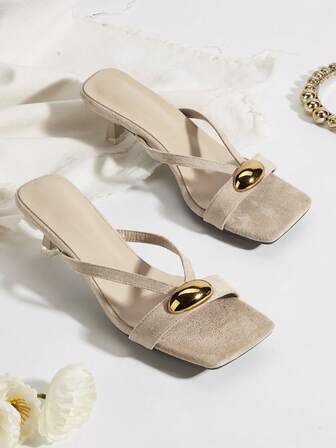 女士新款时尚优雅金属装饰露趾高跟方头人字拖凉鞋休闲穆勒拖鞋户外凉鞋